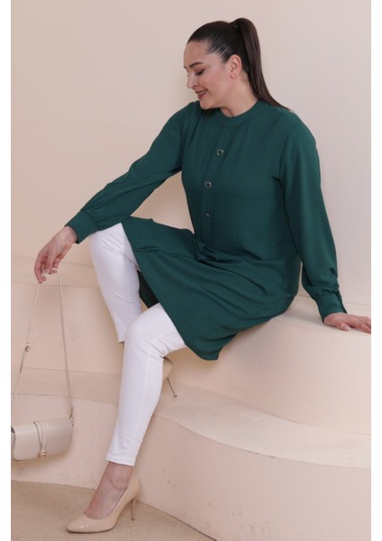 Kadin Buyuk Beden Tesettur Tunik Düğmeli Ayrobin Kumaş