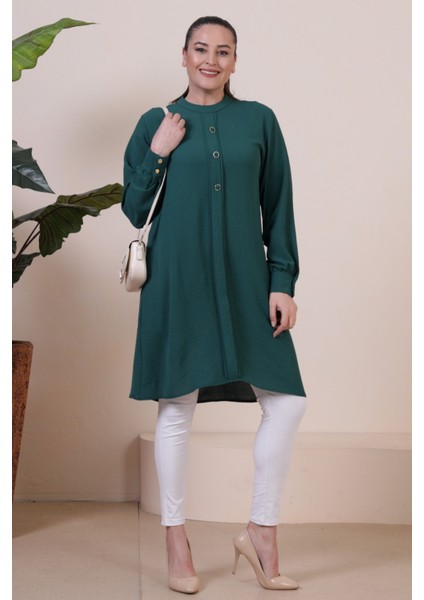 Kadin Buyuk Beden Tesettur Tunik Düğmeli Ayrobin Kumaş