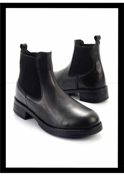 Siyah Hakiki Deri Kadın Bot & Bootie K02513320303