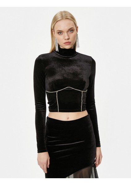 Crop Kadife Tişört Parlak Taşlı Uzun Kollu Dik Yaka modelleri