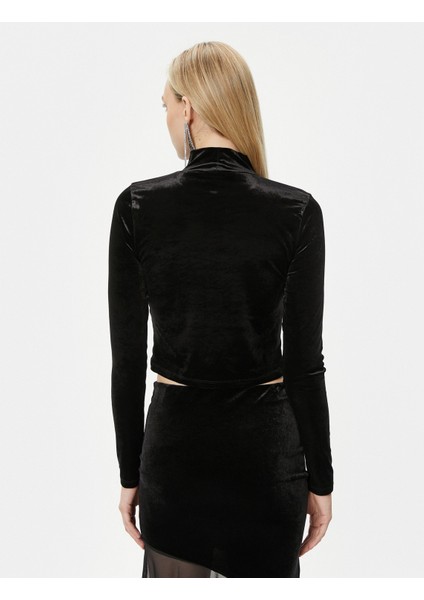 Crop Kadife Tişört Parlak Taşlı Uzun Kollu Dik Yaka fırsatları