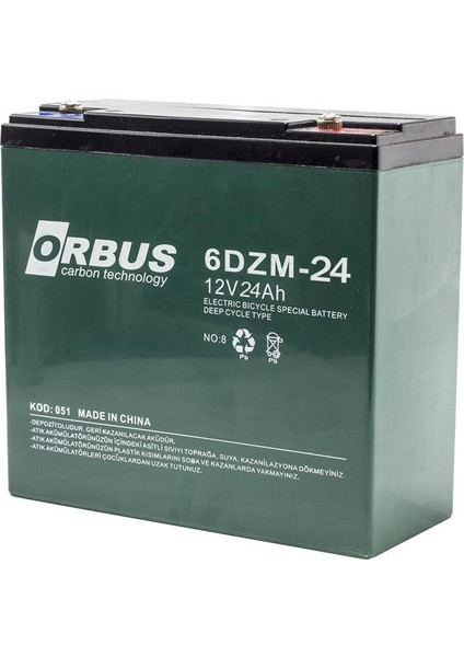 ORBUS 6DZM-24 12 VOLT - 24 AMPER ELEKTRİKLİ BİSİKLET AKÜSÜ (180 X 76 X 167 MM)