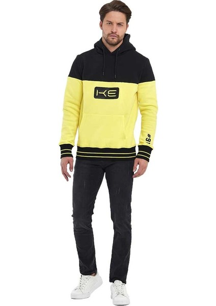 Sarı/siyah Kapüşonlu 3 Iplik Baskılı Kanguru Cepli Sweatshirt