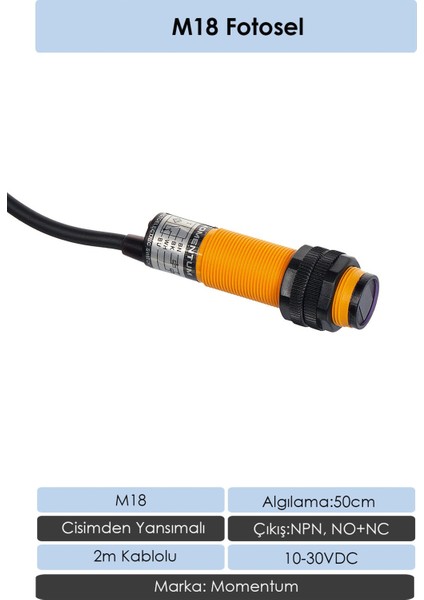 Fotosel M18 50 cm Cisimden 2m Kablo Npn No+Nc G18-3A50NC