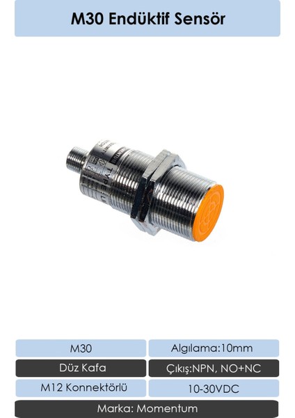 Sensör Endüktif M30 10 mm Düz Kafa Konnektör M12 Npn No+Nc LM30-3010NCT