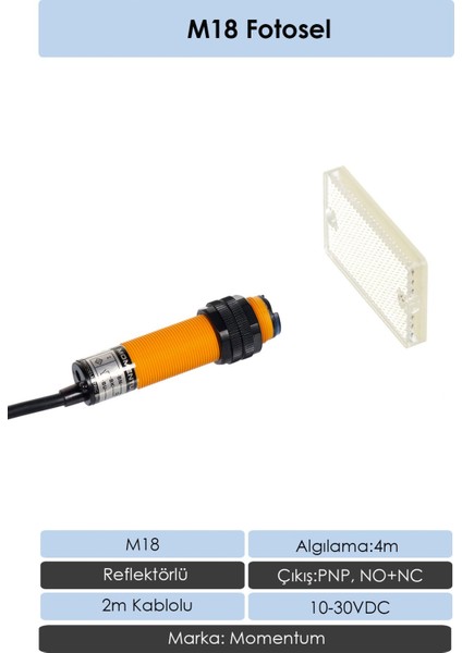 Fotosel M18 4m Reflektörlü 2m Kablo Pnp No+Nc G18-3B4PC