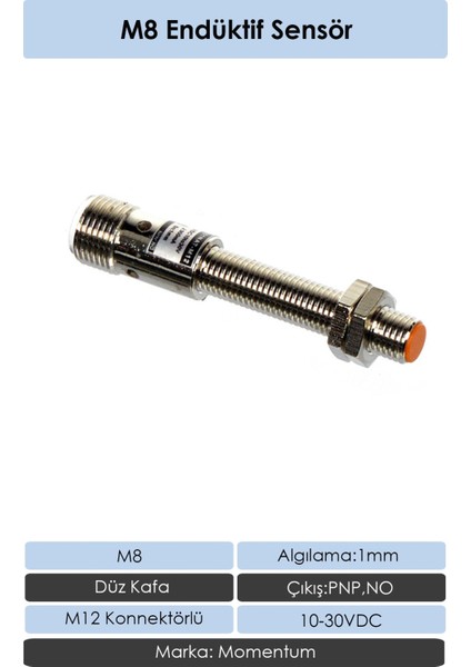 Sensör Endüktif M8 1 mm Düz Kafa Konnektör M12 Pnp No LM8-3001PAT-M12