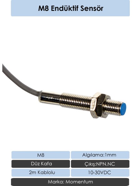 Sensör Endüktif M8 1 mm Düz Kafa 2m Kablo Npn Nc LM8-3001NB