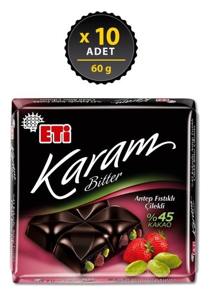 Karam %45 Kakaolu Antep Fıstıklı Çilekli Çikolata 60 G x 10 Adet
