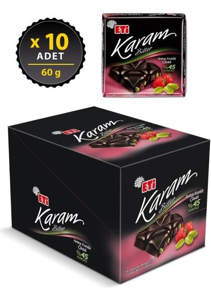 Karam %45 Kakaolu Antep Fıstıklı Çilekli Çikolata 60 G x 10 Adet