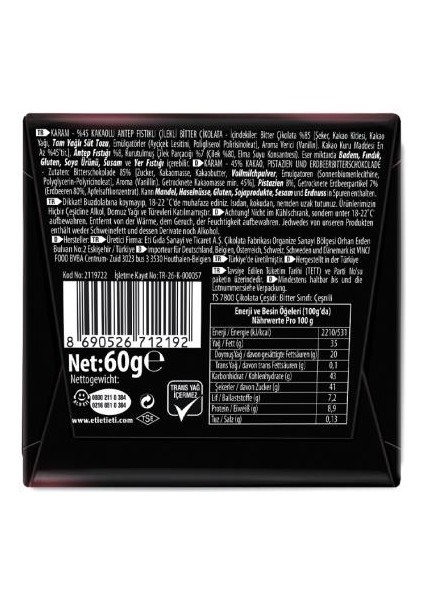 Karam %45 Kakaolu Antep Fıstıklı Çilekli Çikolata 60 G x 10 Adet