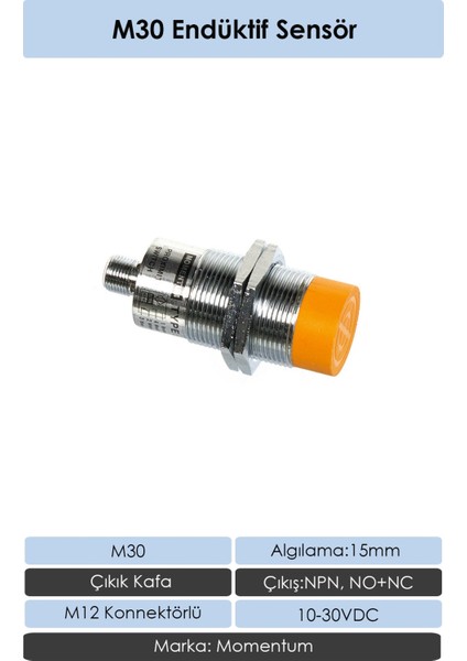 Sensör Endüktif M30 15 mm Çıkık Kafa Konnektör M12 Npn No+Nc LM30-3015NCT