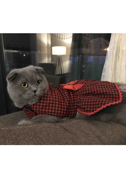 Kırmızı Siyah Kareli Papyonlu Dişi Kedi Köpek Kıyafeti Elbisesi Xsmall/xs/beden 0