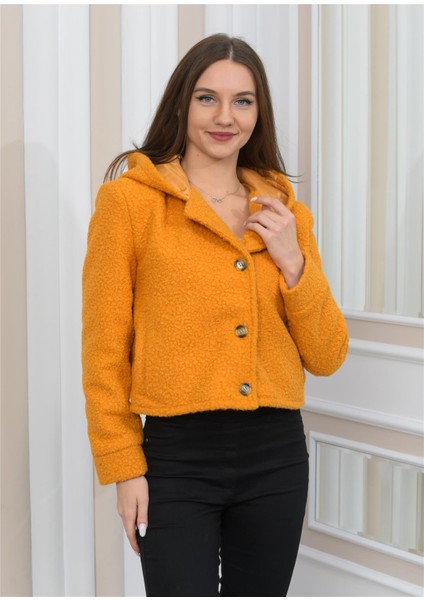 Yeni Sezon Peluş Kıvırcık Crop Kapşonlu Mont Hardal modelleri