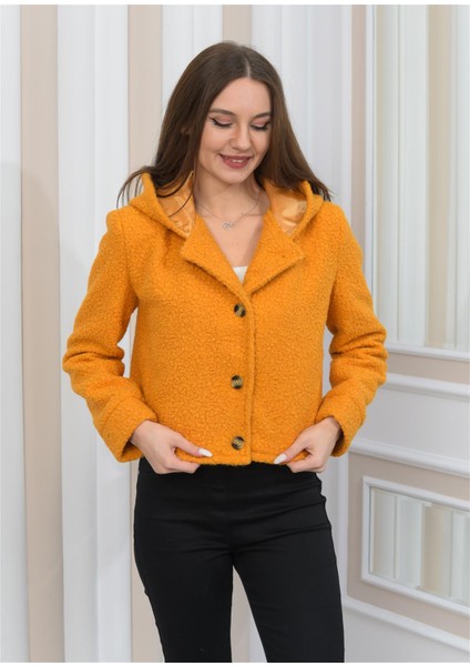 Yeni Sezon Peluş Kıvırcık Crop Kapşonlu Mont Hardal indirimleri