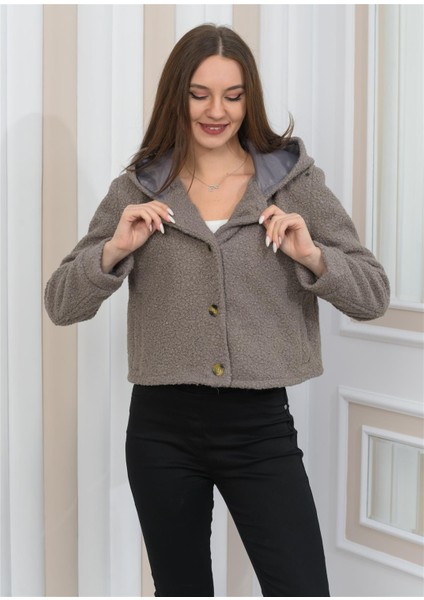 Yeni Sezon Peluş Kıvırcık Crop Kapşonlu Mont Gri indirimleri