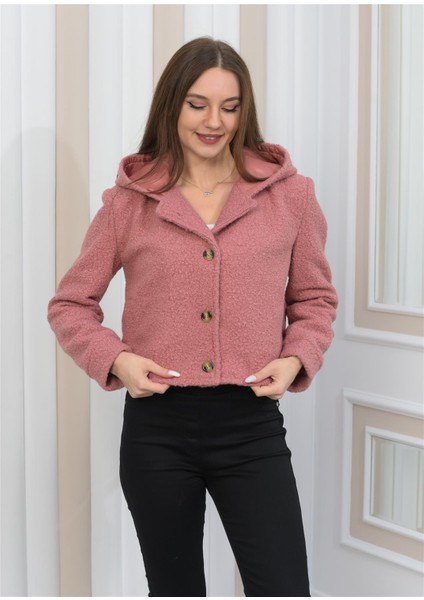 Yeni Sezon Peluş Kıvırcık Crop Kapşonlu Mont Pudra modelleri