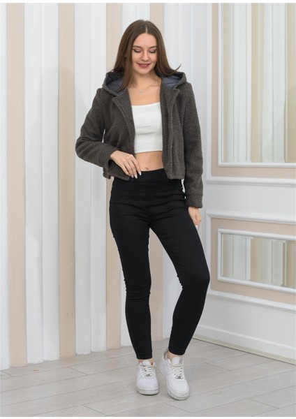 Yeni Sezon Peluş Kıvırcık Crop Kapşonlu Mont Antrasit fiyatları