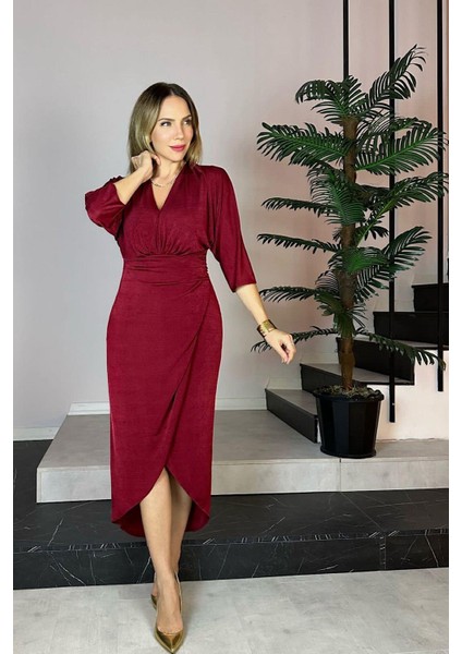 G0526 Drape Detaylı V Yaka Tasarım Elbise Bordo