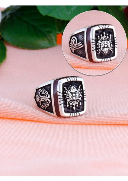 Sancak & Tuğra Işlemeli Firuze Taşlı Erkek Gümüş Yüzük modelleri