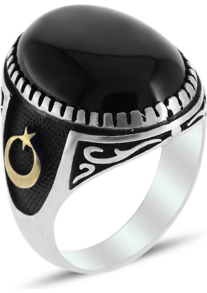 Ayyıldız Işleme Oniks Taşlı Erkek Gümüş Yüzük