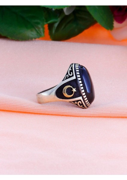 Ayyıldız Işleme Oniks Taşlı Erkek Gümüş Yüzük modelleri