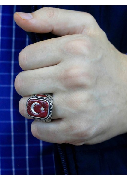 Ayyıldız Işlemeli Akik Taşlı Erkek Gümüş Yüzük