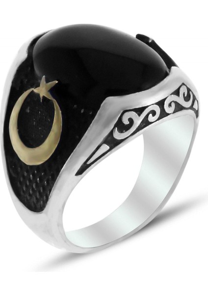 Ayyıldız Işlemeli Oniks Taşlı Erkek Gümüş Yüzük
