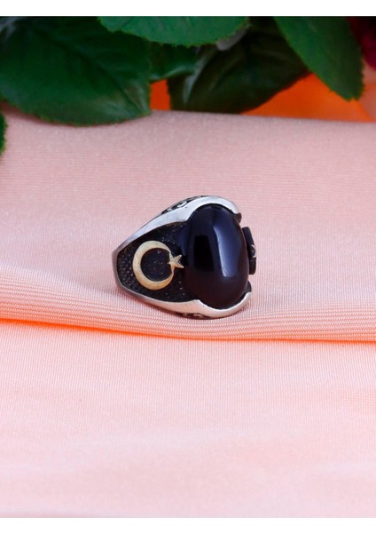Ayyıldız Işlemeli Oniks Taşlı Erkek Gümüş Yüzük modelleri
