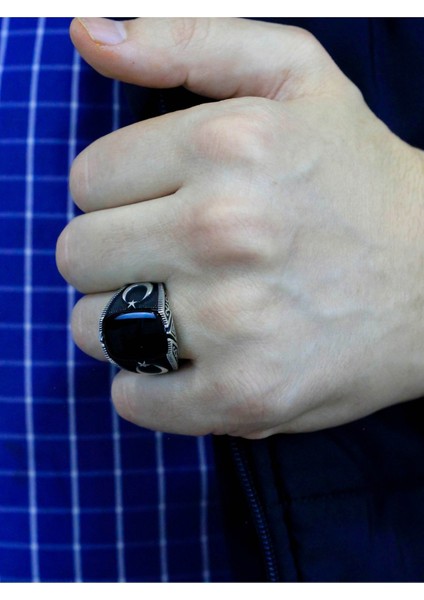 Ayyıldız Işlemeli Oniks Taşlı Erkek Gümüş Yüzük fırsatları