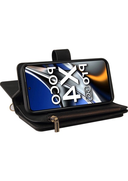Xiaomi Poco X4 Pro 5g Pu Deri Manyetik Kapatma Onbeş Kart Yuvaları Fermuarlı Cep Telefonu Kılıfı Kart Yuvası Standı ile (Yurt Dışından)
