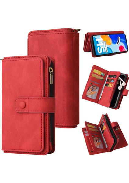 Xiaomi Redmi Note 11 4G/11S Pu Deri Manyetik Kapatma Onbeş Kart Yuvaları Fermuarlı Cep Telefonu Kılıfı Kart Yuvası Standı ile (Yurt Dışından)