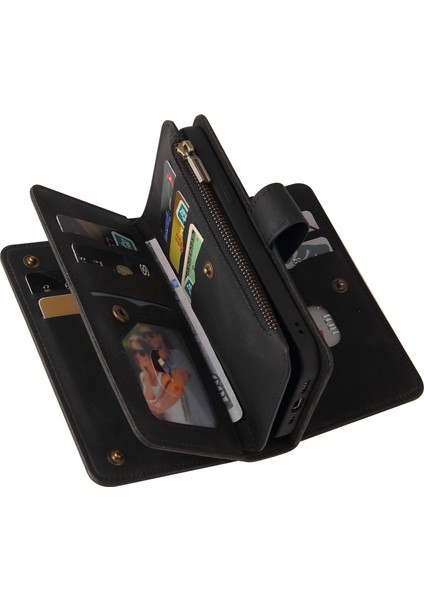 iPhone 14 Pro Max Pu Deri Manyetik Kapatma Onbeş Kart Yuvaları Fermuarlı Cep Telefonu Kılıfı Kart Yuvası Standı ile (Yurt Dışından)