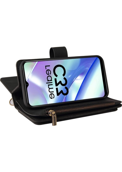Realme C33 Pu Deri Manyetik Kapatma Onbeş Kart Yuvaları Fermuarlı Cep Telefonu Kılıfı Kart Yuvası Standı ile (Yurt Dışından) indirimleri