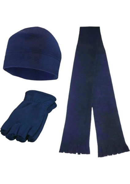 Unisex Lacivert Termal Kışlık Parmaksız Kesik Yarım Parmak Polar Eldiven Polar Bere Polar Atkı 3'lü Set
