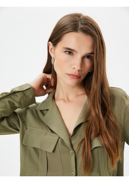 Uzun Kollu Gömlek Kargo Cepli Düğmeli Viskon