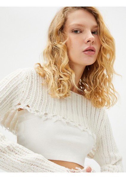 Yıpratılmış Ajurlu Crop Kazak Uzun Kollu Yuvarlak Yaka