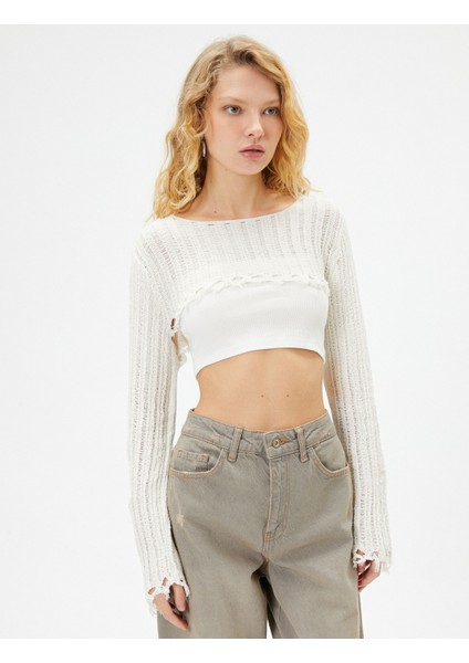 Yıpratılmış Ajurlu Crop Kazak Uzun Kollu Yuvarlak Yaka modelleri