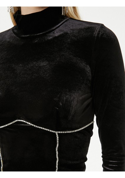 Crop Kadife Tişört Parlak Taşlı Uzun Kollu Dik Yaka indirimleri