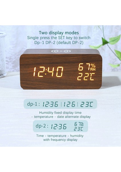 Dijital Çalar Saat, LED Akıllı Telefon Kablosuz Şarj Cihazı (Ahşap Rengi) (Yurt Dışından)