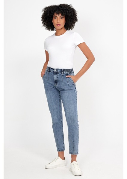 Kadın Norah Med Blue Yıpratma Detaylı Beli Lastikli Jean Pantolon fiyatları