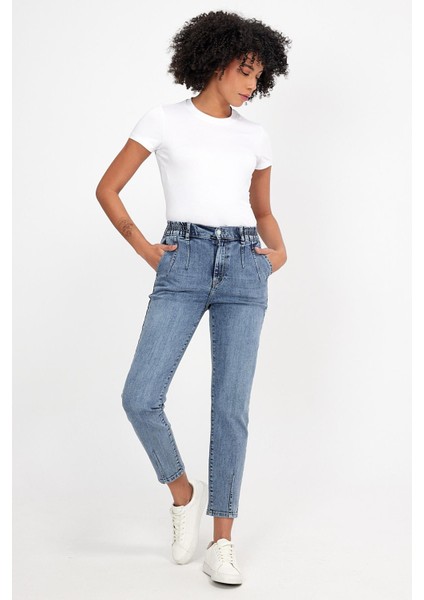 Kadın Norah Med Blue Yıpratma Detaylı Beli Lastikli Jean Pantolon modelleri