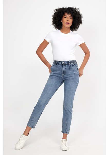 Kadın Norah Med Blue Yıpratma Detaylı Beli Lastikli Jean Pantolon indirimleri
