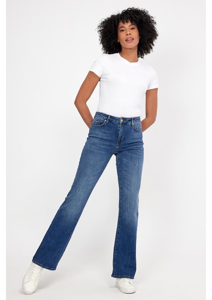 Kadın Emilie Dirty Med Blue Bootcut Jean Pantolon