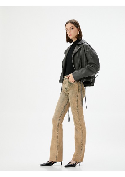 Eskitilmiş Hafif Ispanyol Paça Kot Pantolon Dar Kesim Standart Bel Pamuklu Cepli - Victoria Slim Jeans