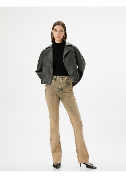 Eskitilmiş Hafif Ispanyol Paça Kot Pantolon Dar Kesim Standart Bel Pamuklu Cepli - Victoria Slim Jeans