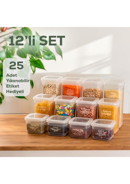433-4 12'li Kare Etiketli Gıda Erzak Baharat Saklama Kabı Seti 4x(0.60+1.30+1.90 lt) Şeffaf