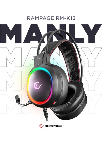 RM-K12 MANLY Siyah 7.1 Usb Surround RGB Işık Efektli Gaming Oyuncu Mikrofonlu Kulaklık