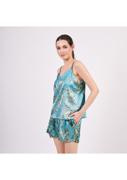 Ipek Askılı Şort Pijama Takımı Van Gogh Badem Ağacı Turkuaz