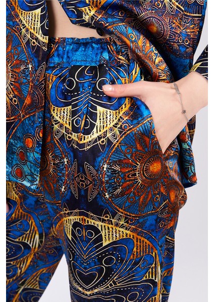 Saf Ipek Gömlek-Pantolon-Pijama Takımı | Mandala Desen Mavi | Nomads Felt